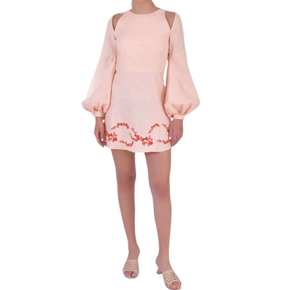 Fanm Mon Gizem Elegant Peach Linen Dress Floral Embroidery‎ Shoulder Cutouts NWT